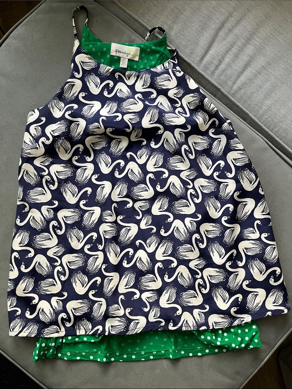 Navy & White Swan Print Halter Top with Green Polka Dot Lining